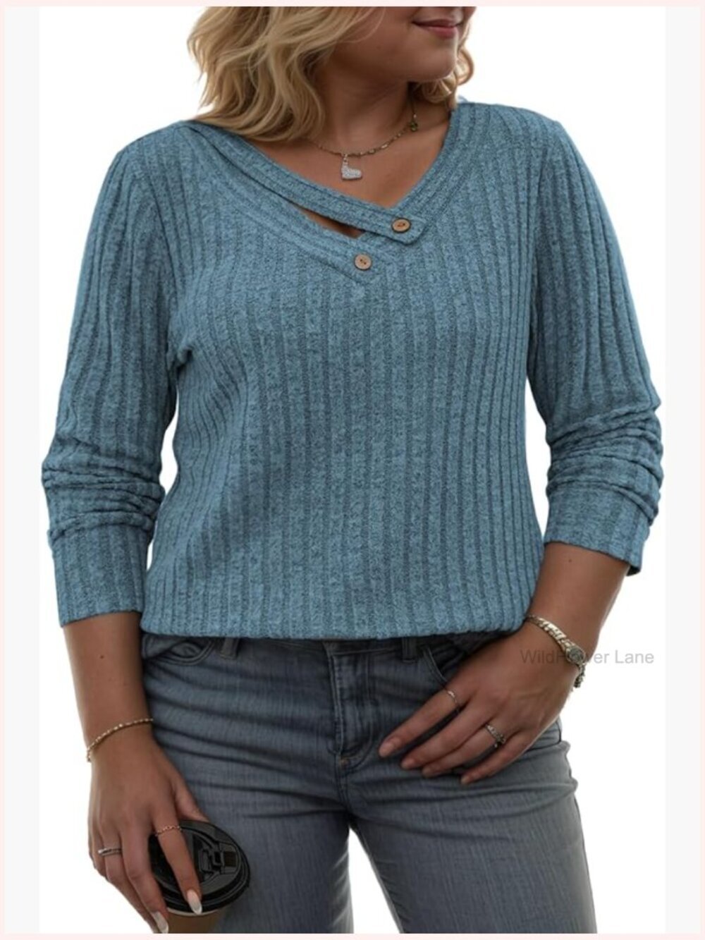 V Neck Long Sleeve Knit Button Tunic Sweater Top